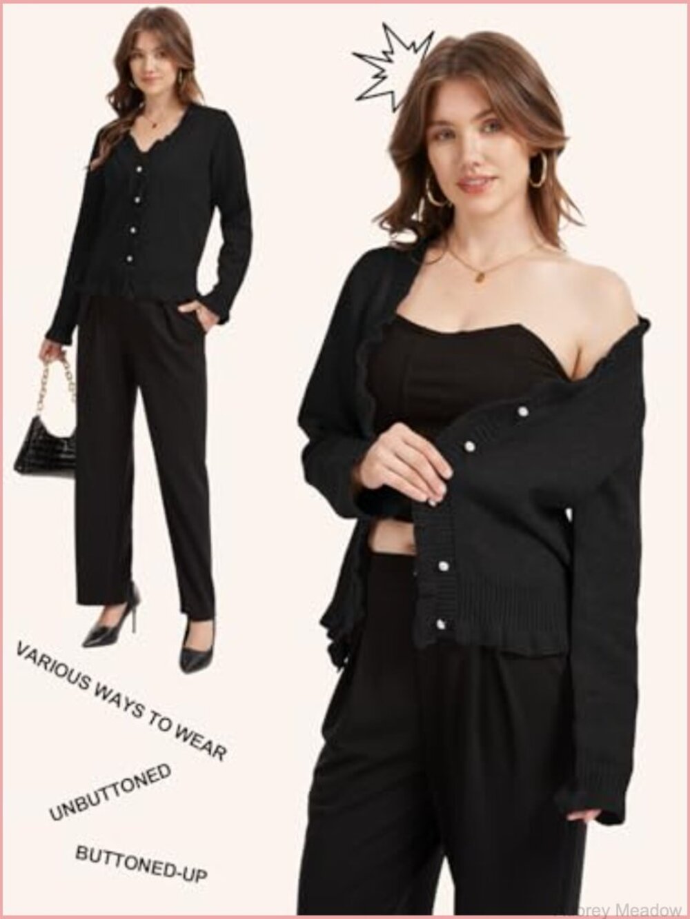 V Neck Button Up Cropped Cardigan Sweater Long Sleeve Ruffle Hem Knit Top - Picture 5 of 6